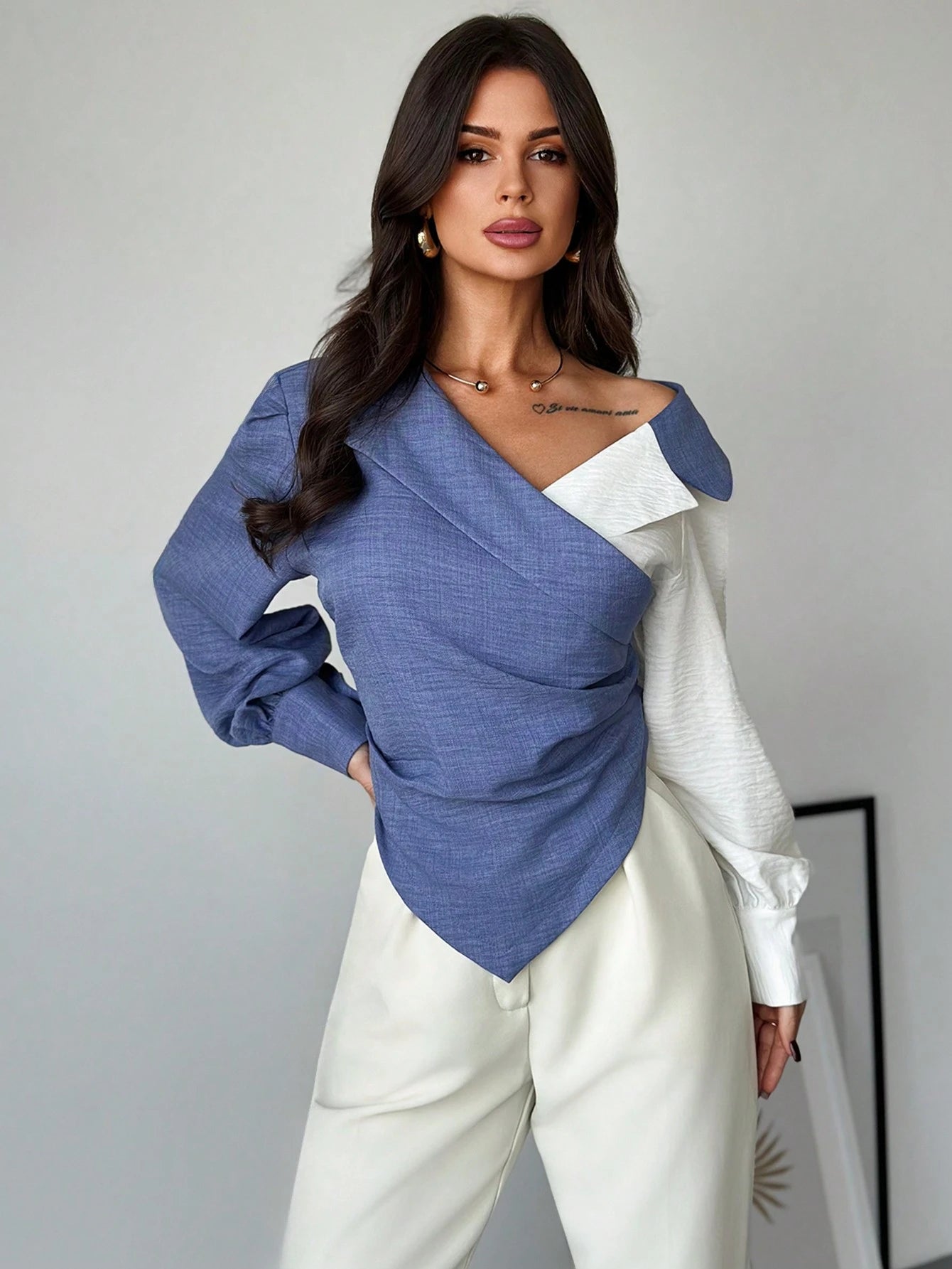 Firerie Women's Autumn Color Block Ruched Asymmetric Hem Fashion Long Sleeve Blouse Fashion Clothing Fall Tops Autumn Clothes