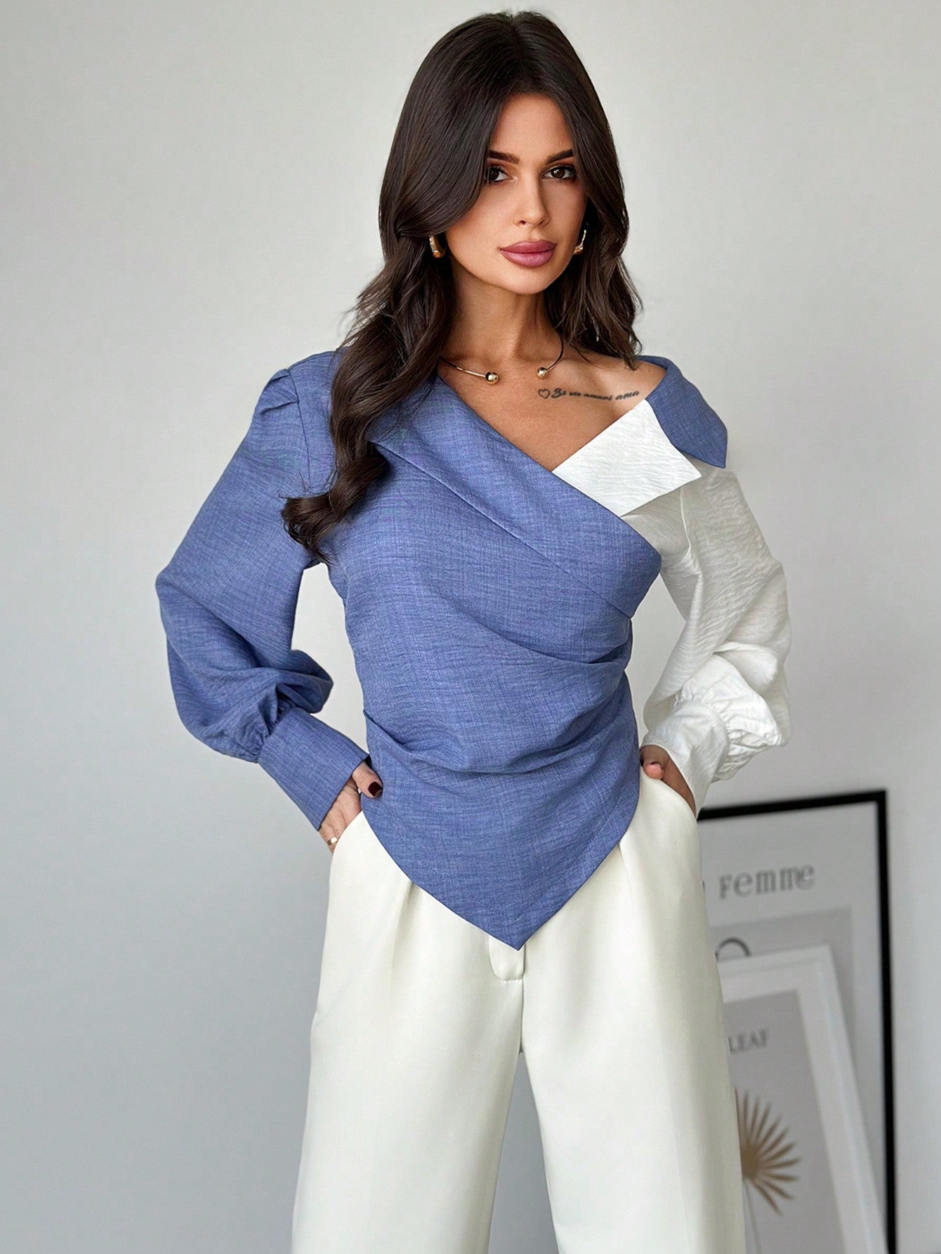 Firerie Women's Autumn Color Block Ruched Asymmetric Hem Fashion Long Sleeve Blouse Fashion Clothing Fall Tops Autumn Clothes