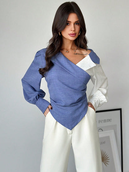 Firerie Women's Autumn Color Block Ruched Asymmetric Hem Fashion Long Sleeve Blouse Fashion Clothing Fall Tops Autumn Clothes