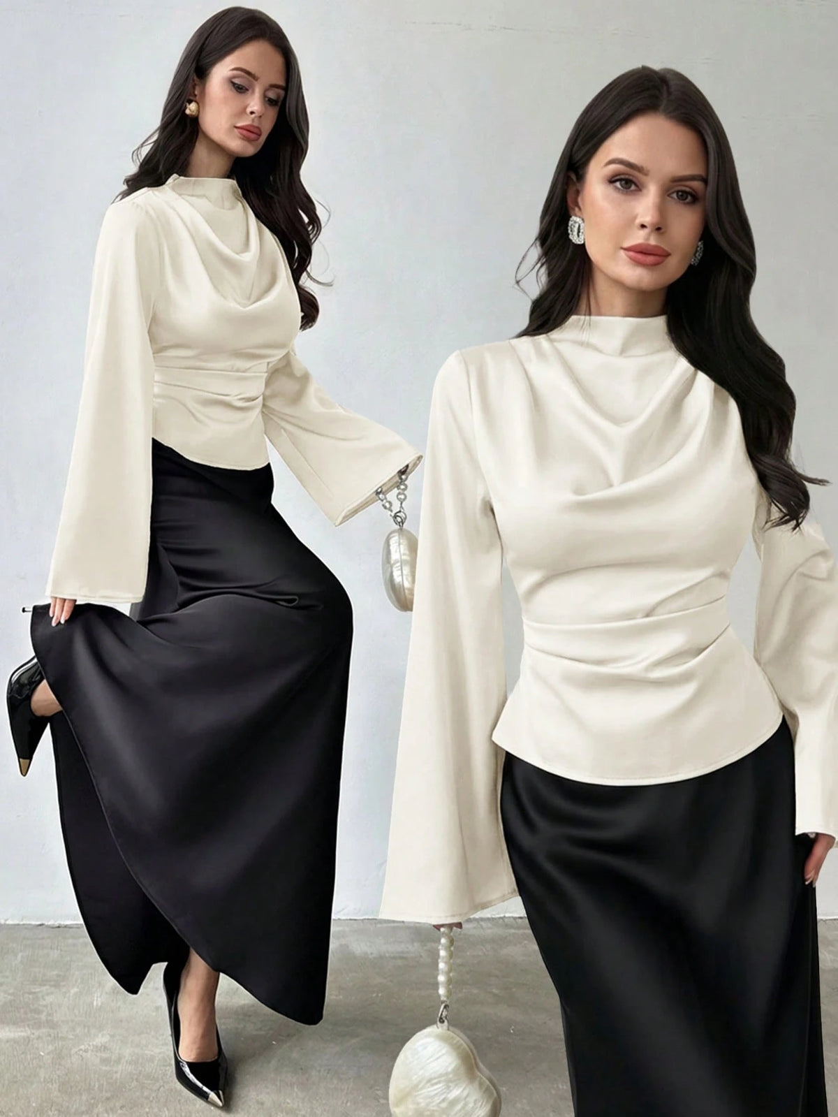 Firerie Women's Elegant Long-Sleeved Glossy Faux Silk Satin Shirt, Cream White Cowl Neck Blouse For Office Party Business, Vintage Teachers' Day Top Autumn