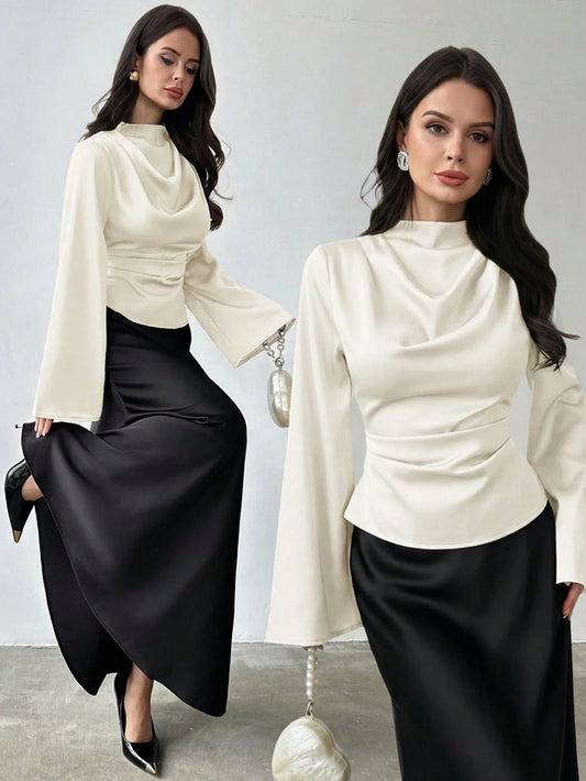 Firerie Women's Elegant Long-Sleeved Glossy Faux Silk Satin Shirt, Cream White Cowl Neck Blouse For Office Party Business, Vintage Teachers' Day Top Autumn
