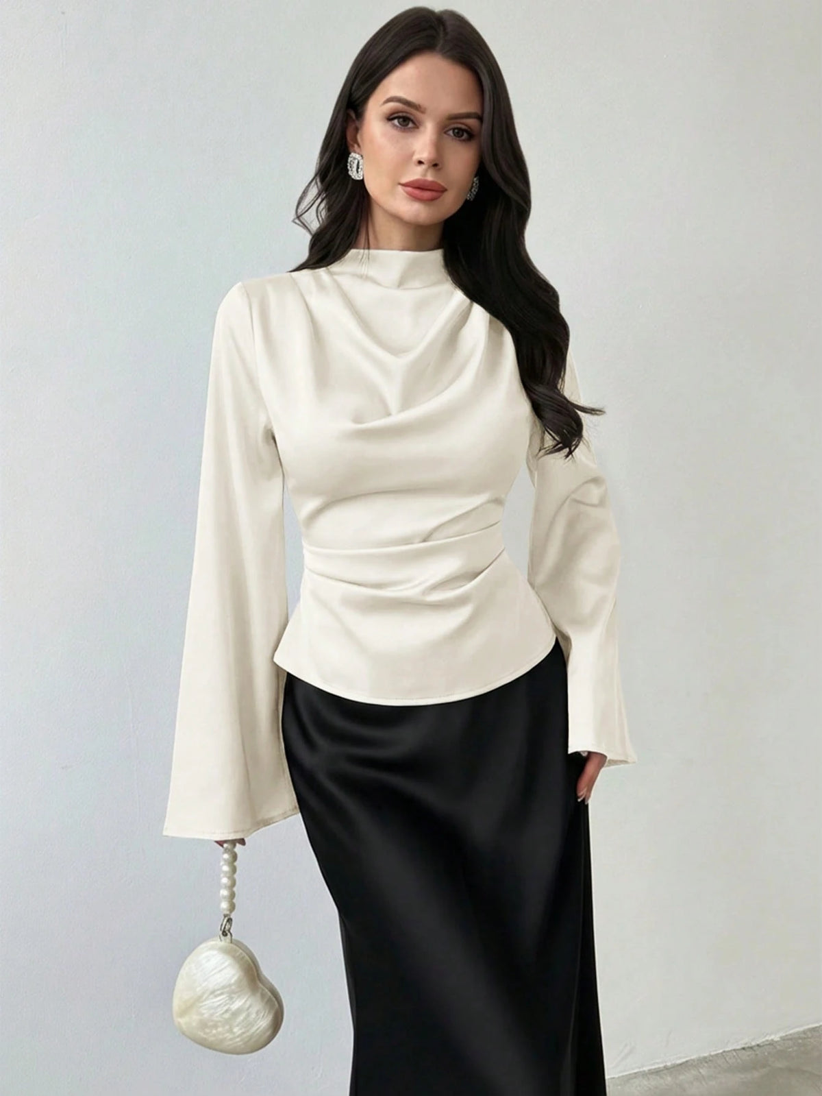 Firerie Women's Elegant Long-Sleeved Glossy Faux Silk Satin Shirt, Cream White Cowl Neck Blouse For Office Party Business, Vintage Teachers' Day Top Autumn