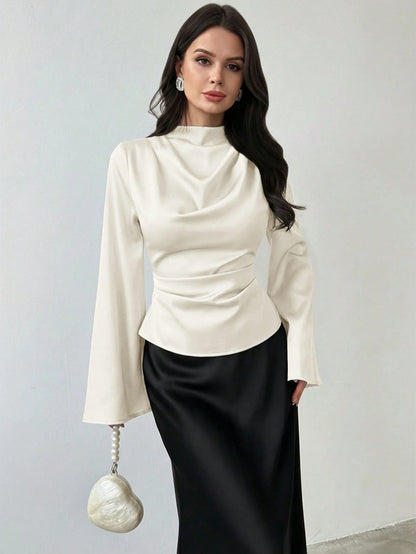 Firerie Women's Elegant Long-Sleeved Glossy Faux Silk Satin Shirt, Cream White Cowl Neck Blouse For Office Party Business, Vintage Teachers' Day Top Autumn