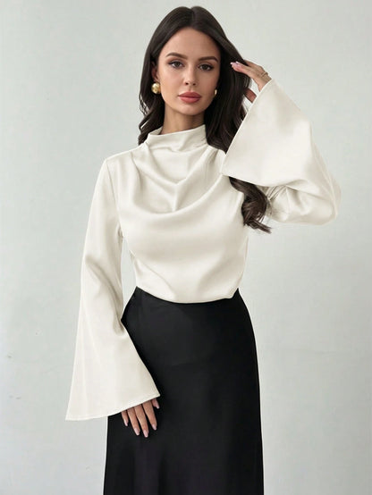 Firerie Women's Elegant Long-Sleeved Glossy Faux Silk Satin Shirt, Cream White Cowl Neck Blouse For Office Party Business, Vintage Teachers' Day Top Autumn
