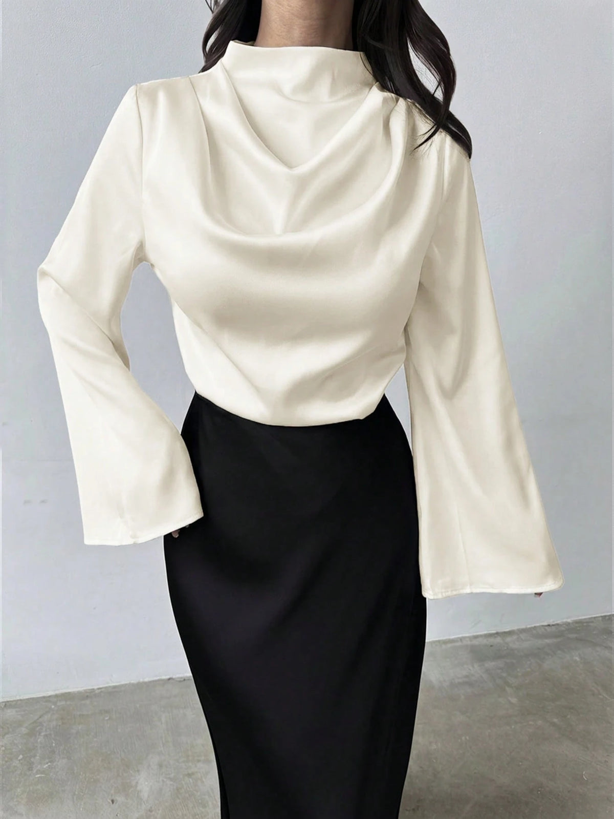Firerie Women's Elegant Long-Sleeved Glossy Faux Silk Satin Shirt, Cream White Cowl Neck Blouse For Office Party Business, Vintage Teachers' Day Top Autumn