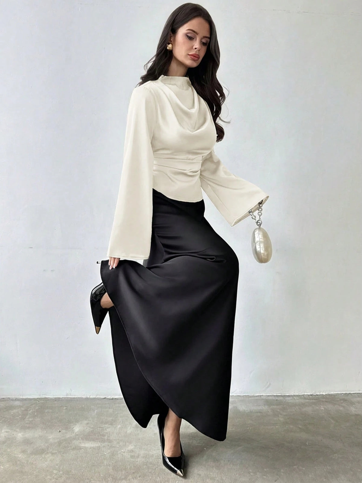 Firerie Women's Elegant Long-Sleeved Glossy Faux Silk Satin Shirt, Cream White Cowl Neck Blouse For Office Party Business, Vintage Teachers' Day Top Autumn