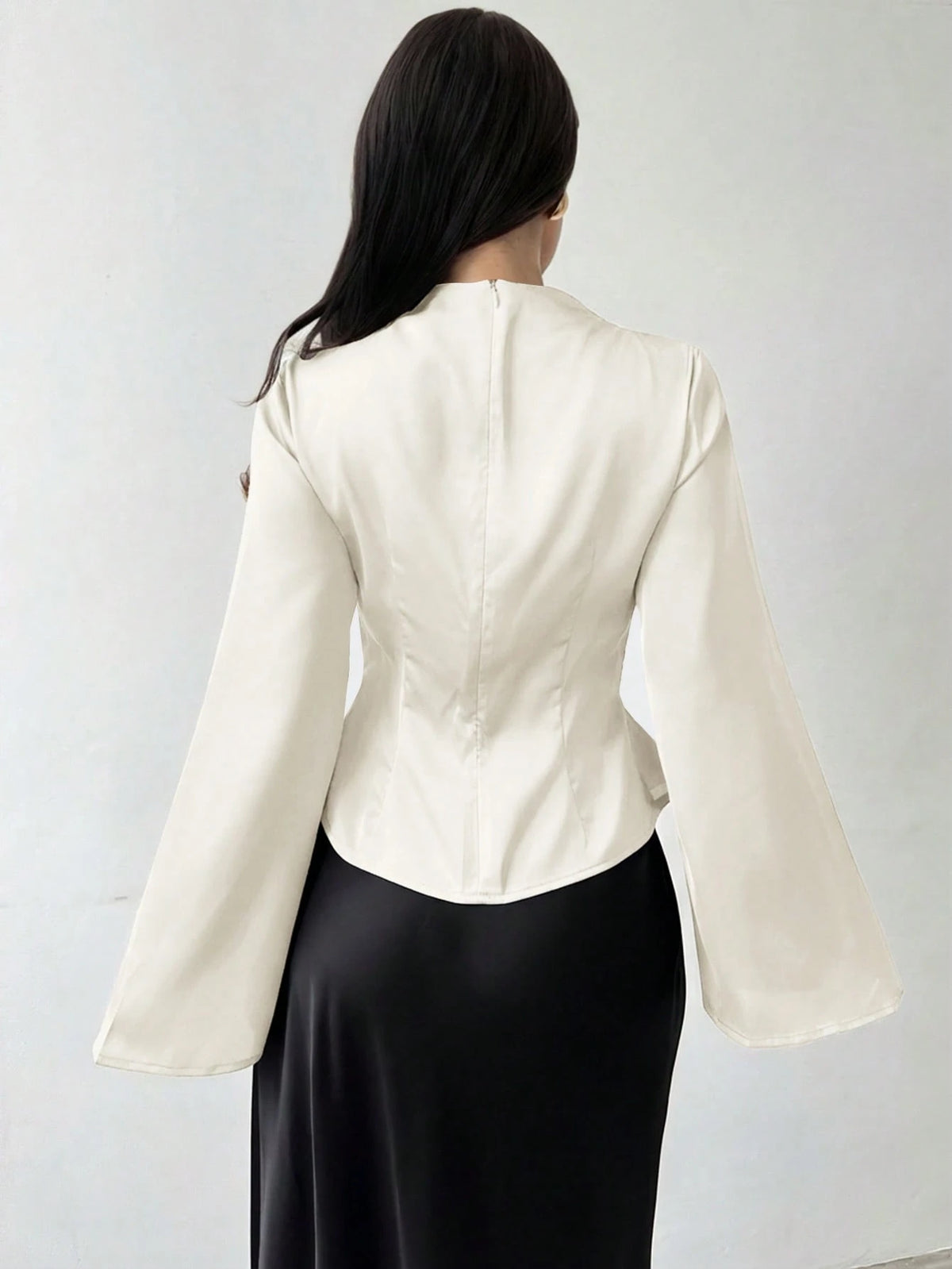 Firerie Women's Elegant Long-Sleeved Glossy Faux Silk Satin Shirt, Cream White Cowl Neck Blouse For Office Party Business, Vintage Teachers' Day Top Autumn