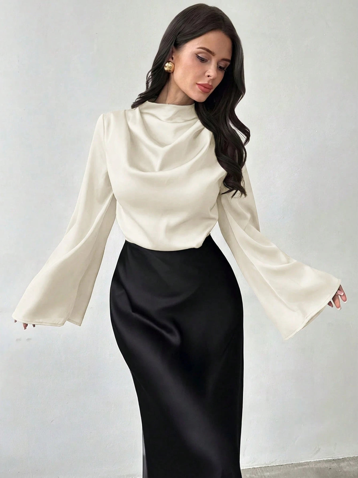 Firerie Women's Elegant Long-Sleeved Glossy Faux Silk Satin Shirt, Cream White Cowl Neck Blouse For Office Party Business, Vintage Teachers' Day Top Autumn