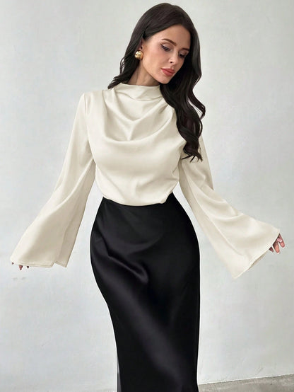 Firerie Women's Elegant Long-Sleeved Glossy Faux Silk Satin Shirt, Cream White Cowl Neck Blouse For Office Party Business, Vintage Teachers' Day Top Autumn