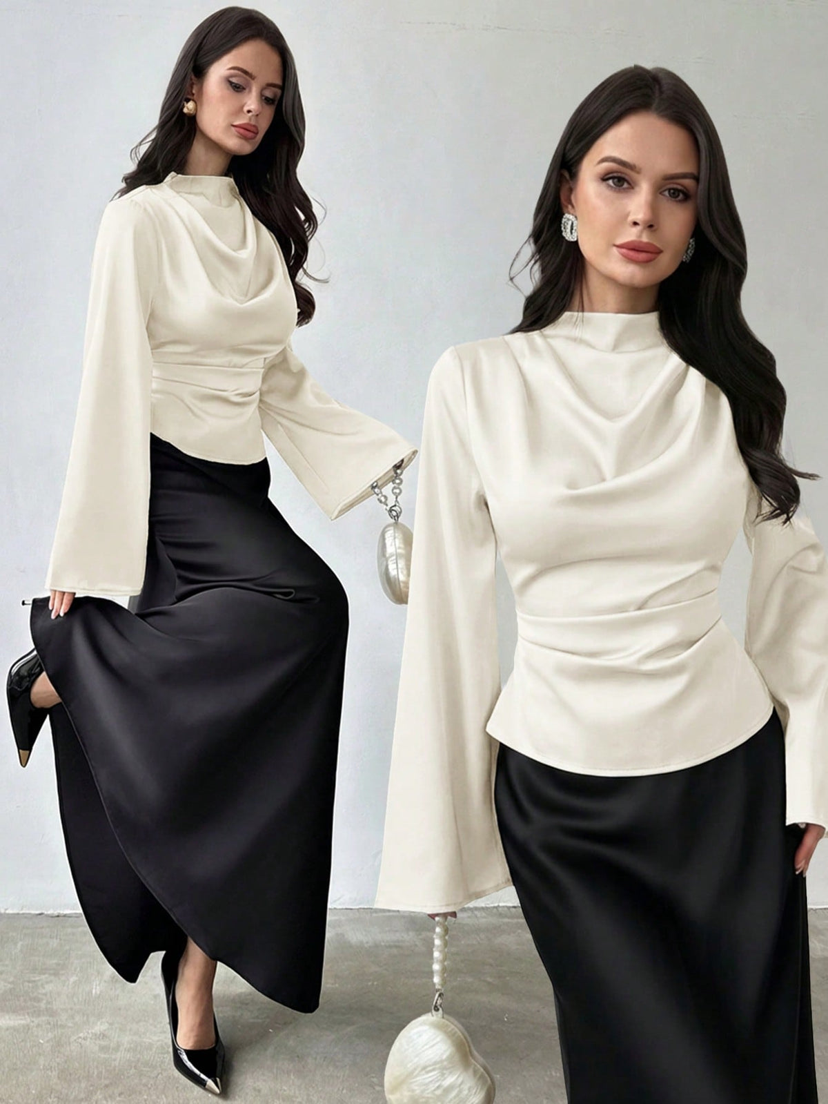 Firerie Women's Elegant Long-Sleeved Glossy Faux Silk Satin Shirt, Cream White Cowl Neck Blouse For Office Party Business, Vintage Teachers' Day Top Autumn