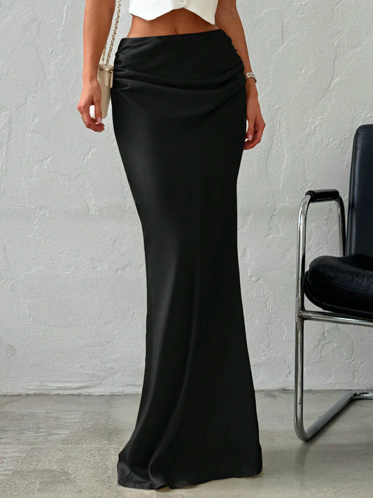 Firerie Women's Elegant Minimalist Romantic Date/Office Versatile Solid Satin Maxi Skirt, Apricot, Suitable For Autumn/Winter