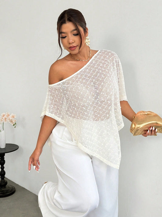 Firerie Women's Elegant White Polka Dot Mesh Net Knit Top,Summer Asymmetric Collar Sheer Poncho Cover Up For Casual Vacation Wedding Tea Party Hawaiian