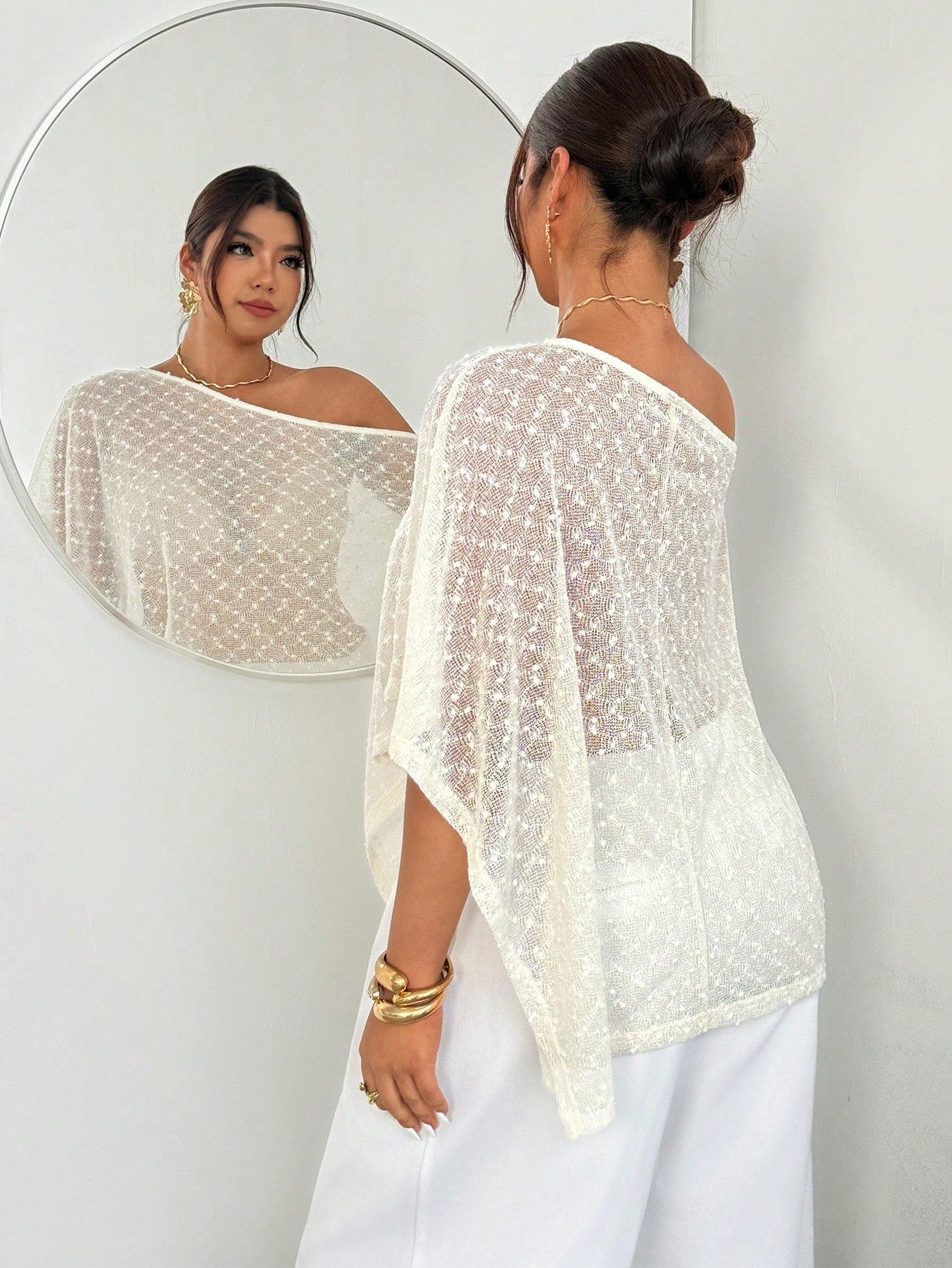 Firerie Women's Elegant White Polka Dot Mesh Net Knit Top,Summer Asymmetric Collar Sheer Poncho Cover Up For Casual Vacation Wedding Tea Party Hawaiian