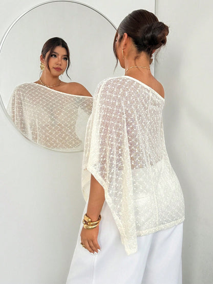Firerie Women's Elegant White Polka Dot Mesh Net Knit Top,Summer Asymmetric Collar Sheer Poncho Cover Up For Casual Vacation Wedding Tea Party Hawaiian