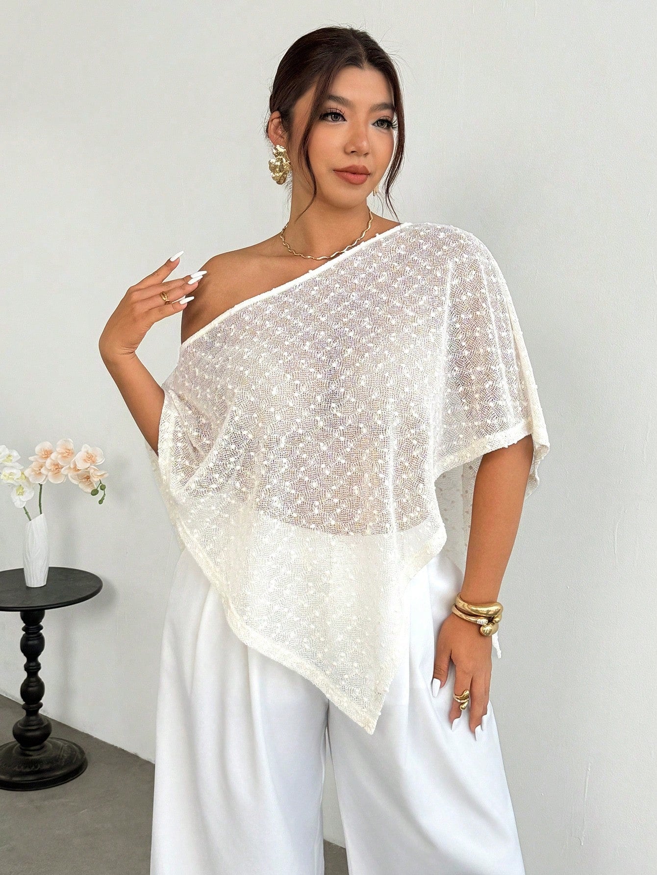 Firerie Women's Elegant White Polka Dot Mesh Net Knit Top,Summer Asymmetric Collar Sheer Poncho Cover Up For Casual Vacation Wedding Tea Party Hawaiian
