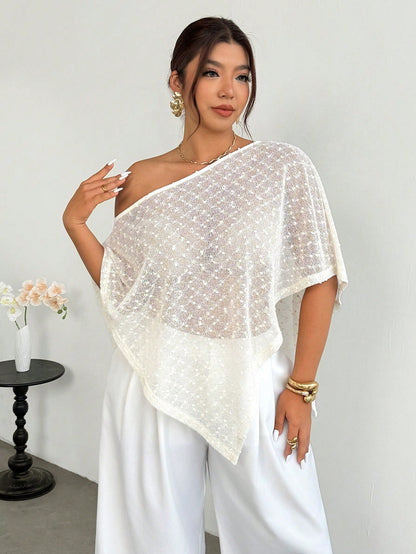 Firerie Women's Elegant White Polka Dot Mesh Net Knit Top,Summer Asymmetric Collar Sheer Poncho Cover Up For Casual Vacation Wedding Tea Party Hawaiian
