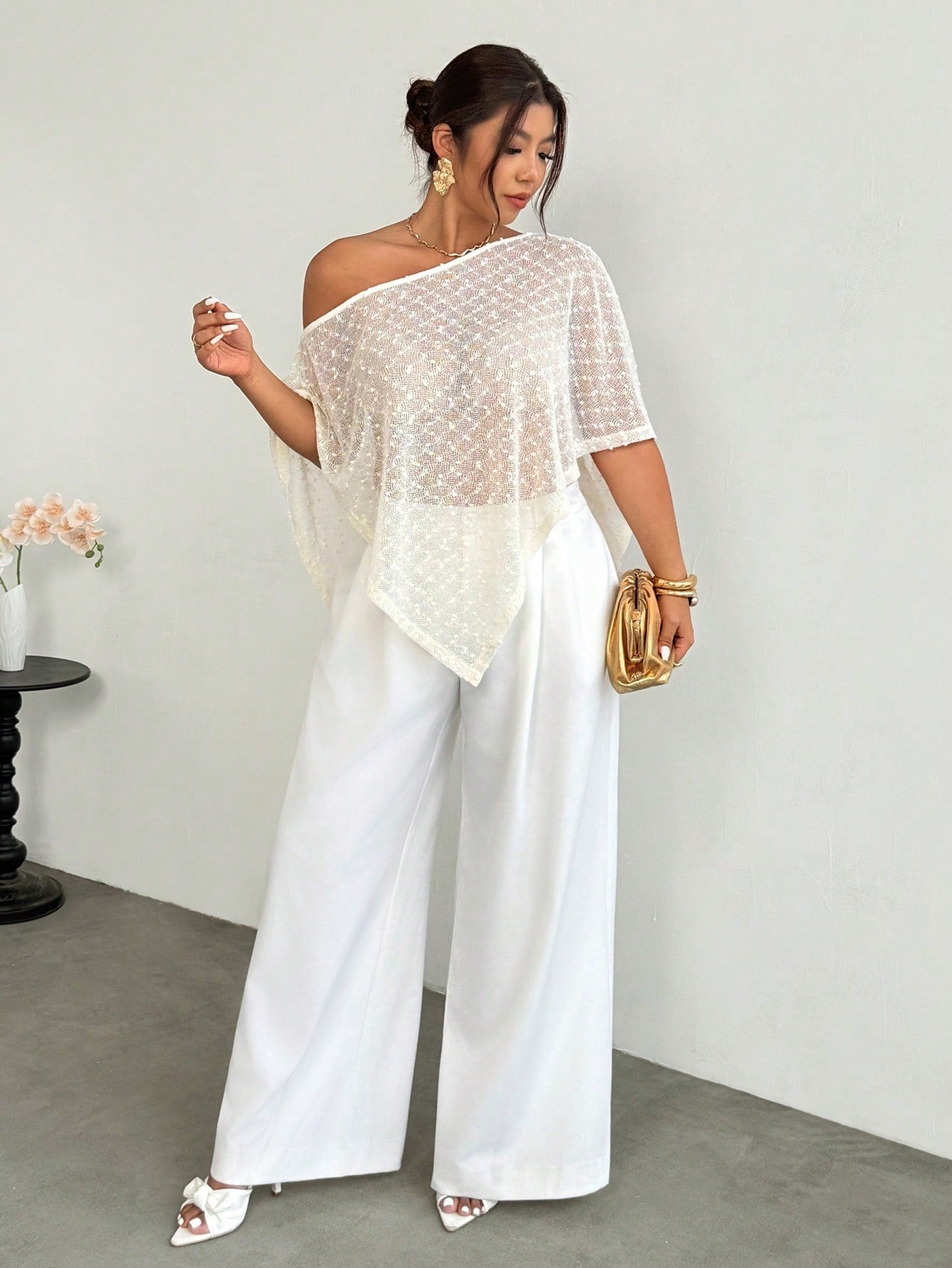 Firerie Women's Elegant White Polka Dot Mesh Net Knit Top,Summer Asymmetric Collar Sheer Poncho Cover Up For Casual Vacation Wedding Tea Party Hawaiian