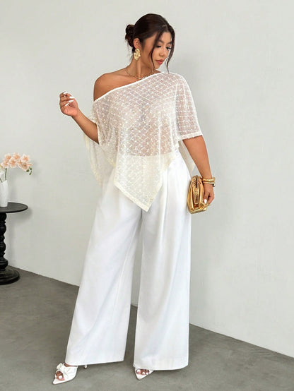 Firerie Women's Elegant White Polka Dot Mesh Net Knit Top,Summer Asymmetric Collar Sheer Poncho Cover Up For Casual Vacation Wedding Tea Party Hawaiian