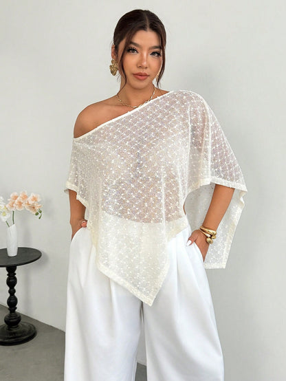 Firerie Women's Elegant White Polka Dot Mesh Net Knit Top,Summer Asymmetric Collar Sheer Poncho Cover Up For Casual Vacation Wedding Tea Party Hawaiian