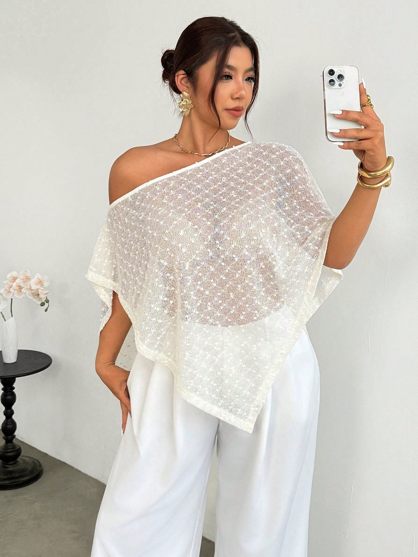 Firerie Women's Elegant White Polka Dot Mesh Net Knit Top,Summer Asymmetric Collar Sheer Poncho Cover Up For Casual Vacation Wedding Tea Party Hawaiian