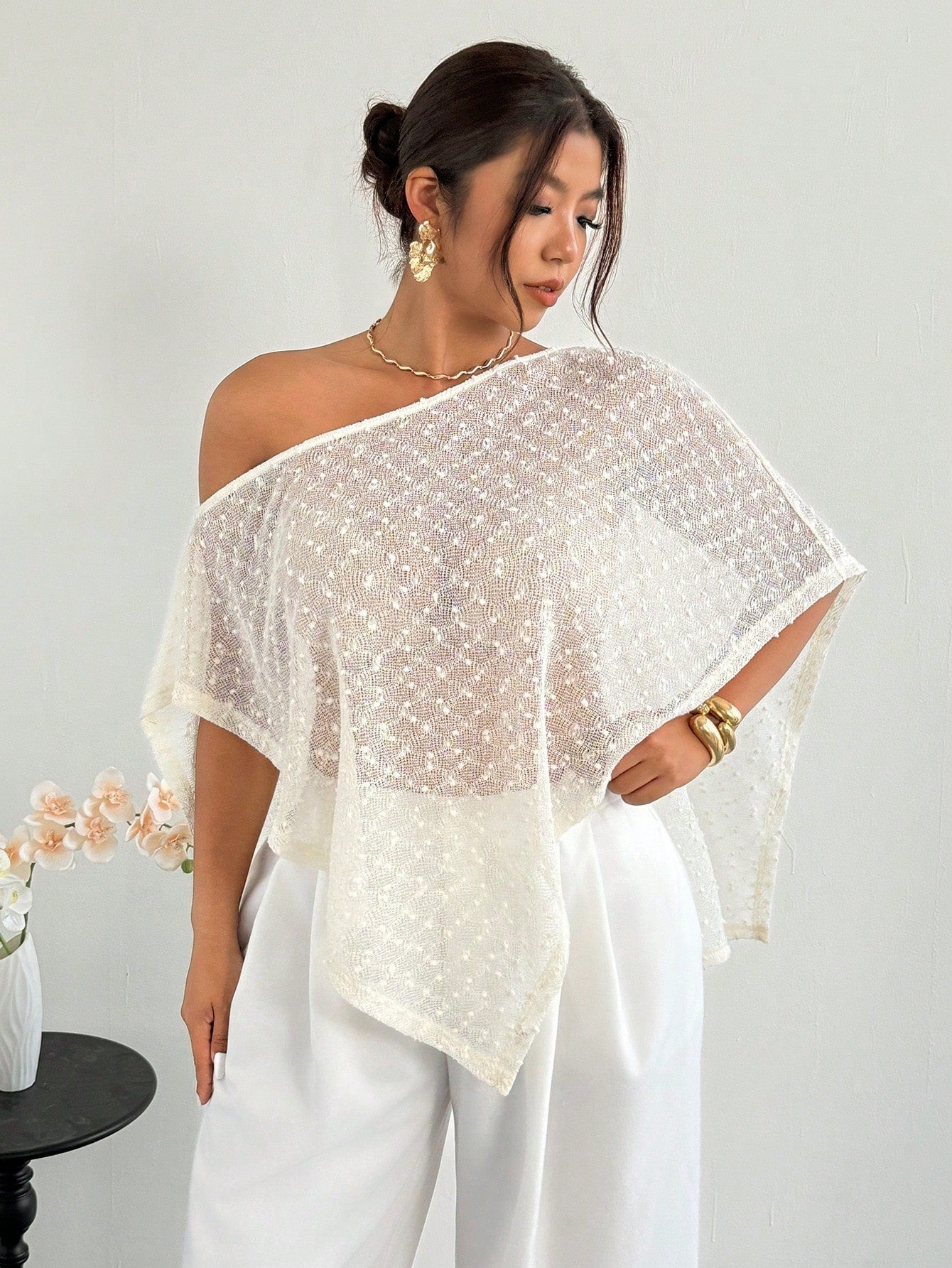 Firerie Women's Elegant White Polka Dot Mesh Net Knit Top,Summer Asymmetric Collar Sheer Poncho Cover Up For Casual Vacation Wedding Tea Party Hawaiian