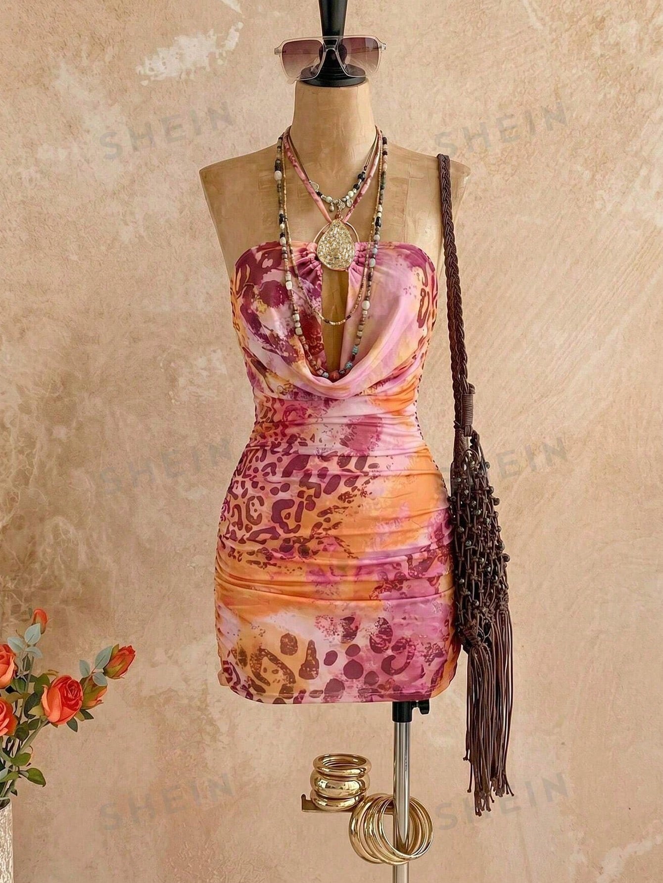 Firerie Women's Pink Leopard Print Summer Boho Sexy Floral Metal Buckle Draped Neck Bodycon Mini Dress Holiday Vacation Beach Club Night Out Party Outfit