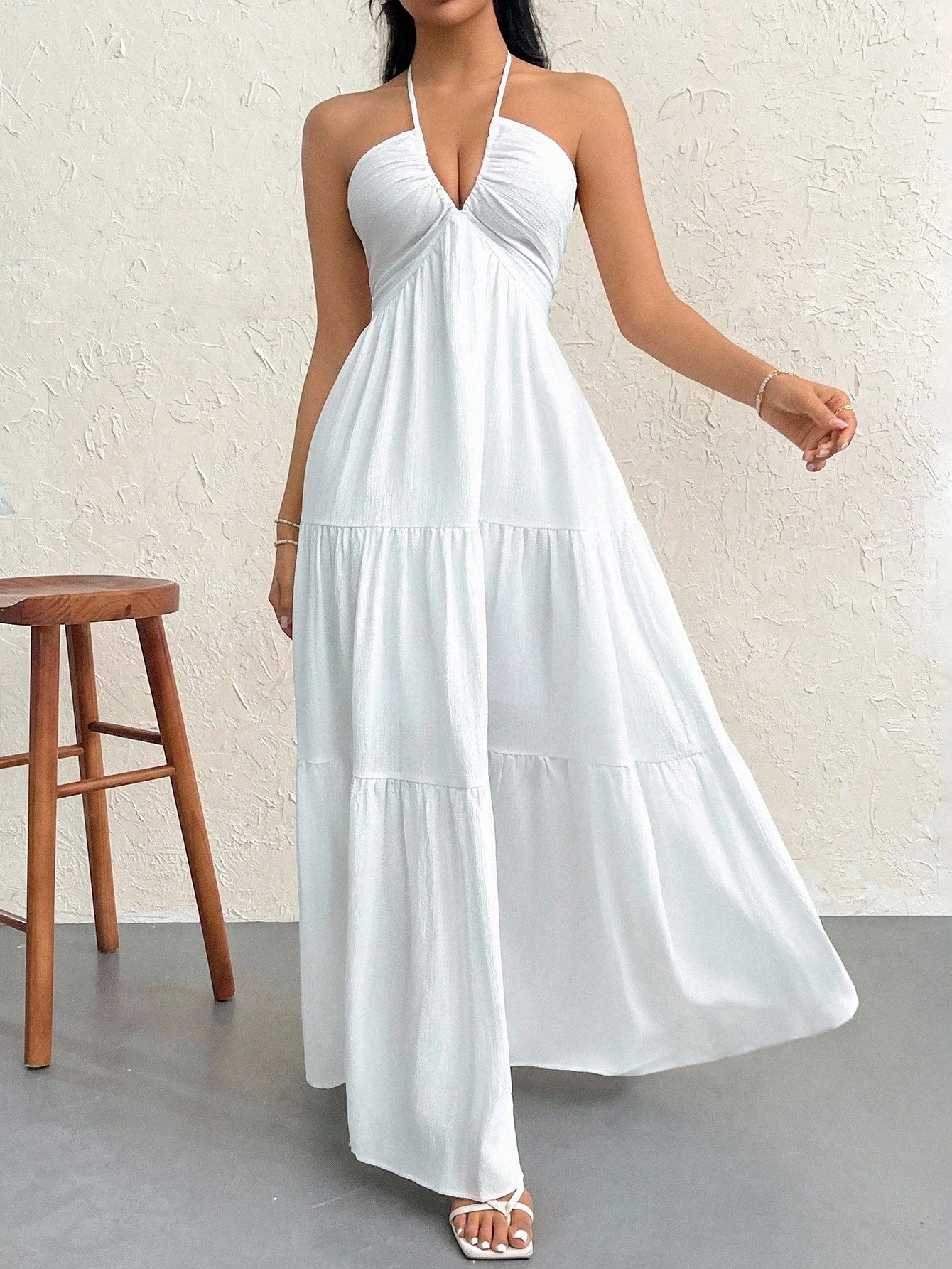 Firerie Women's White Summer Boho Holiday Vacation Holiday, Floral Printed Beach Halter V-Neck Pleated Backless A-Line Tea Party Graduation Dress