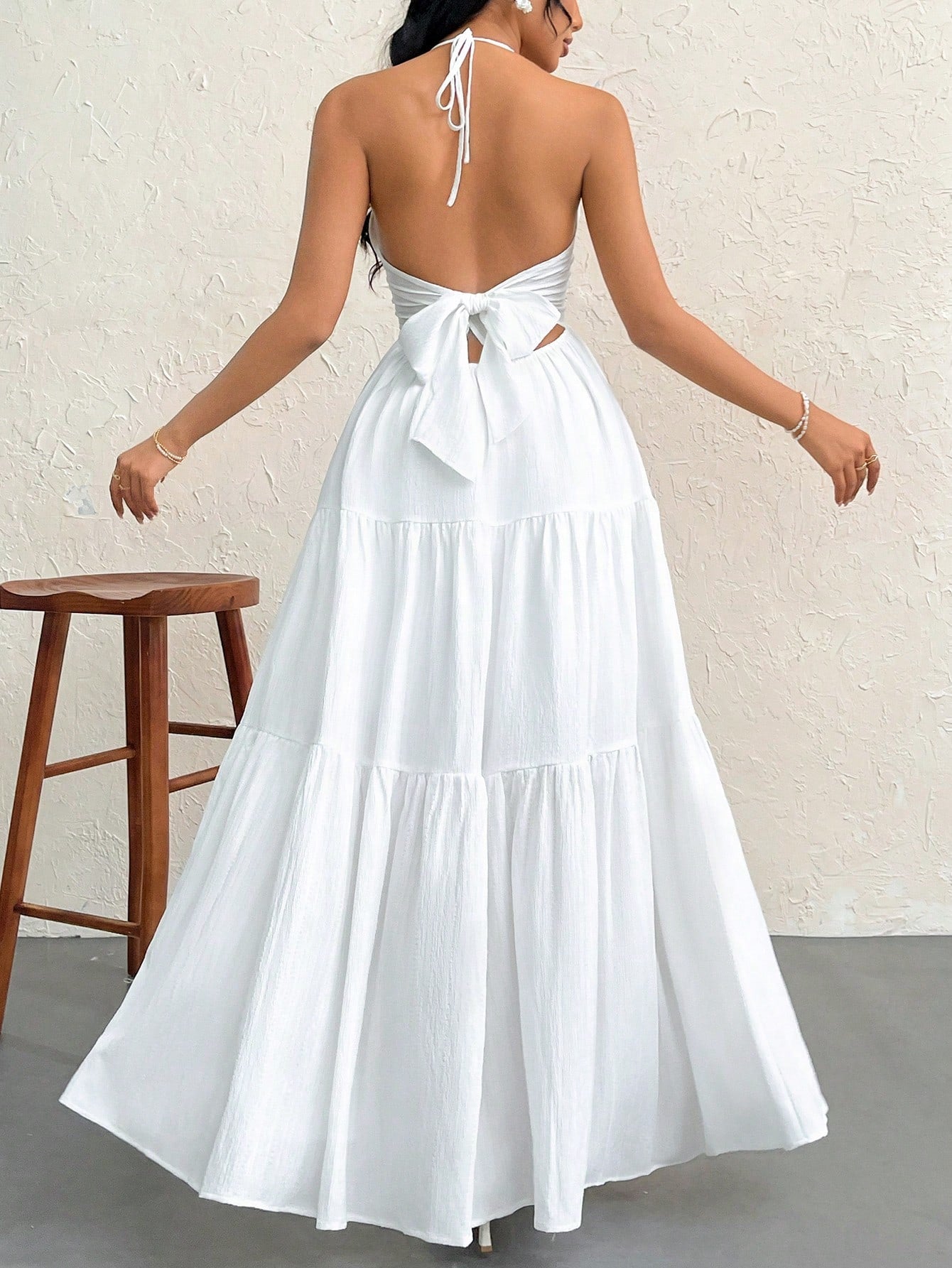 Firerie Women's White Summer Boho Holiday Vacation Holiday, Floral Printed Beach Halter V-Neck Pleated Backless A-Line Tea Party Graduation Dress