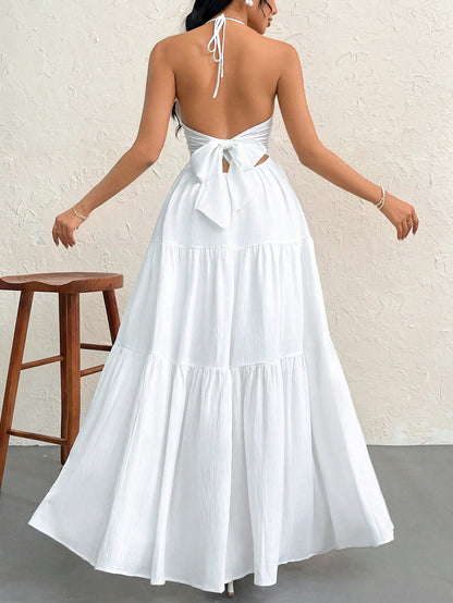 Firerie Women's White Summer Boho Holiday Vacation Holiday, Floral Printed Beach Halter V-Neck Pleated Backless A-Line Tea Party Graduation Dress