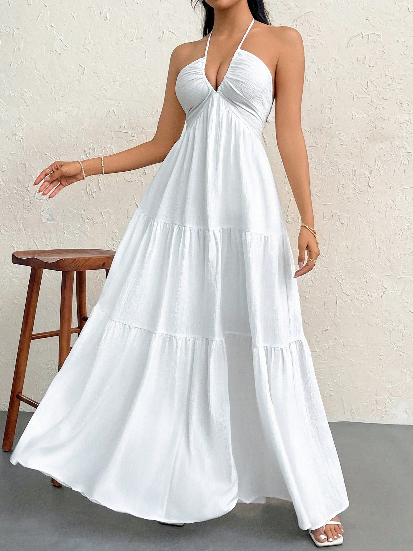 Firerie Women's White Summer Boho Holiday Vacation Holiday, Floral Printed Beach Halter V-Neck Pleated Backless A-Line Tea Party Graduation Dress