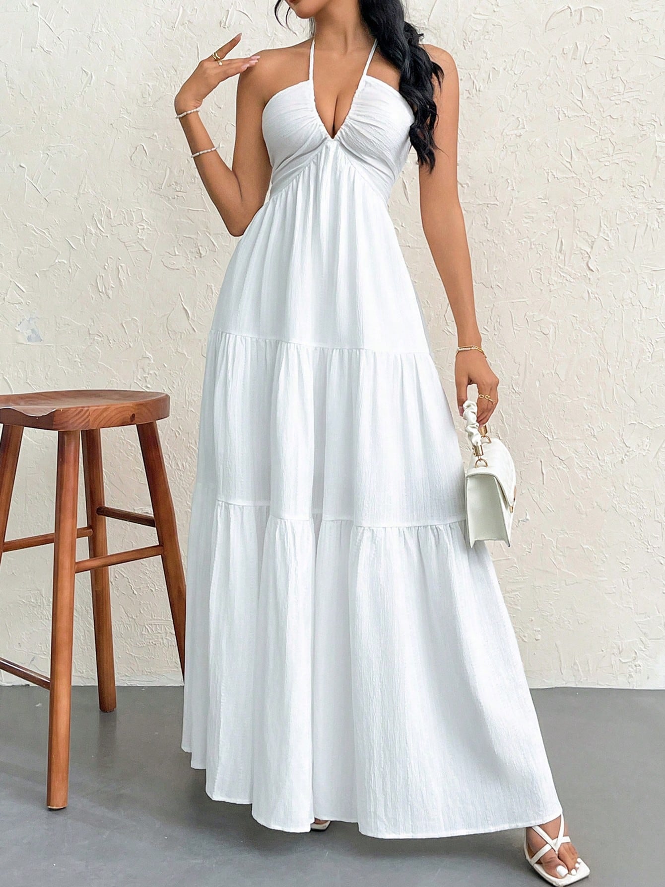 Firerie Women's White Summer Boho Holiday Vacation Holiday, Floral Printed Beach Halter V-Neck Pleated Backless A-Line Tea Party Graduation Dress