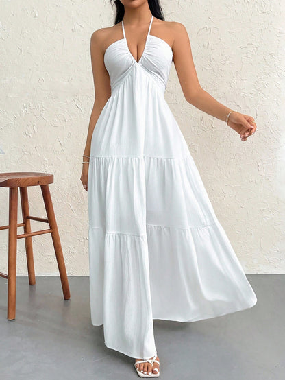 Firerie Women's White Summer Boho Holiday Vacation Holiday, Floral Printed Beach Halter V-Neck Pleated Backless A-Line Tea Party Graduation Dress