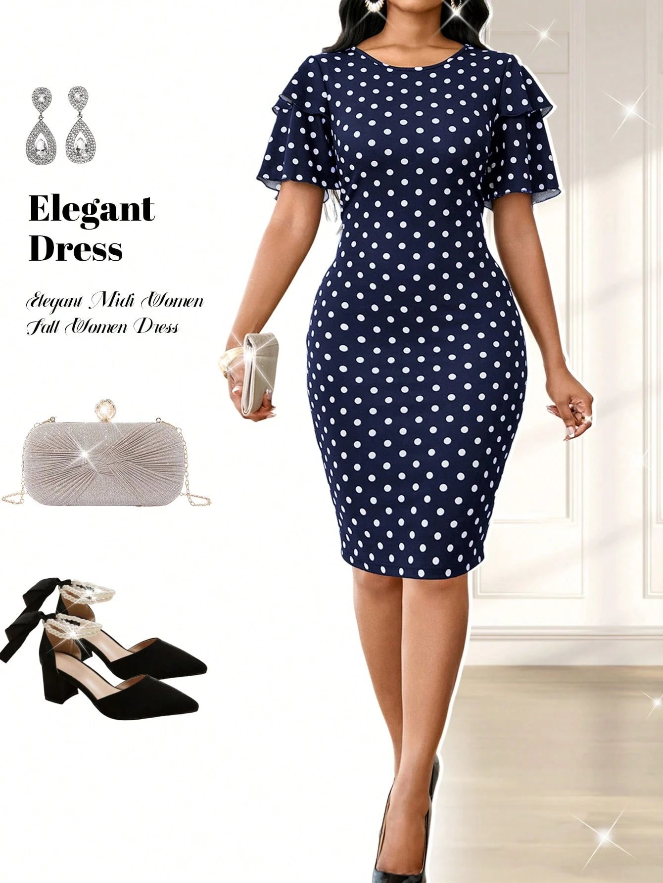 Fleurora Four Season Wedding Gues/ Party/Church Attire Black Elegant Spring And Summer Geometric Polka Dot Print Double Layer Ruffle Sleeve Dress