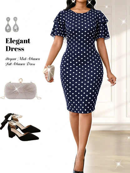 Fleurora Four Season Wedding Gues/ Party/Church Attire Black Elegant Spring And Summer Geometric Polka Dot Print Double Layer Ruffle Sleeve Dress