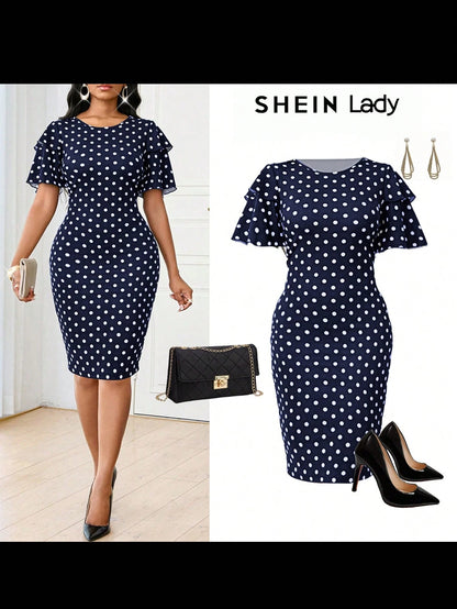 Fleurora Four Season Wedding Gues/ Party/Church Attire Black Elegant Spring And Summer Geometric Polka Dot Print Double Layer Ruffle Sleeve Dress