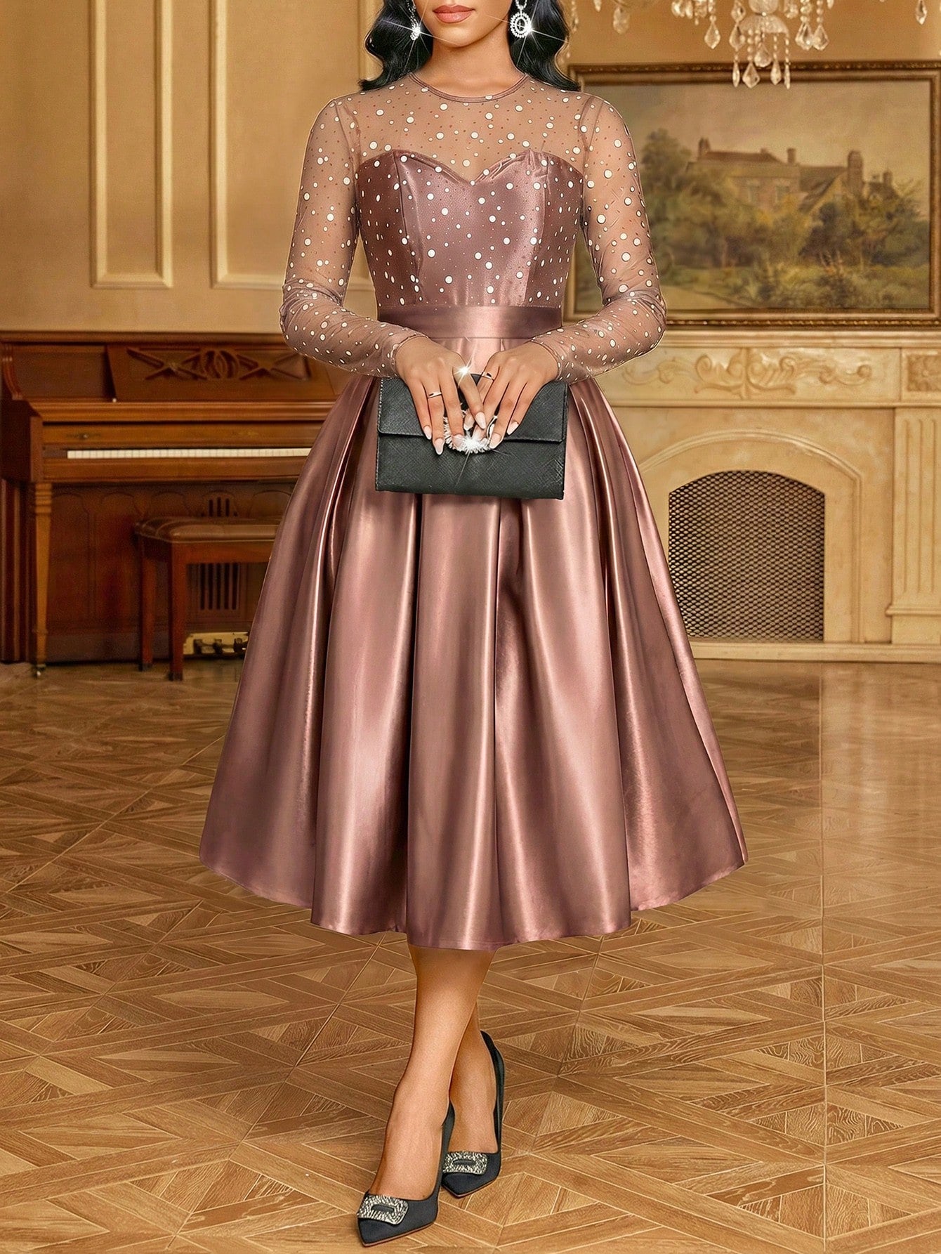 Fleurora Women's Elegant Mesh Patchwork Waist Midi Dress, Summer,Wedding Guest Dress Women