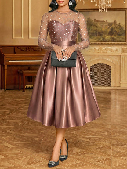 Fleurora Women's Elegant Mesh Patchwork Waist Midi Dress, Summer,Wedding Guest Dress Women