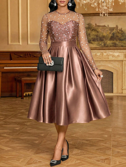 Fleurora Women's Elegant Mesh Patchwork Waist Midi Dress, Summer,Wedding Guest Dress Women