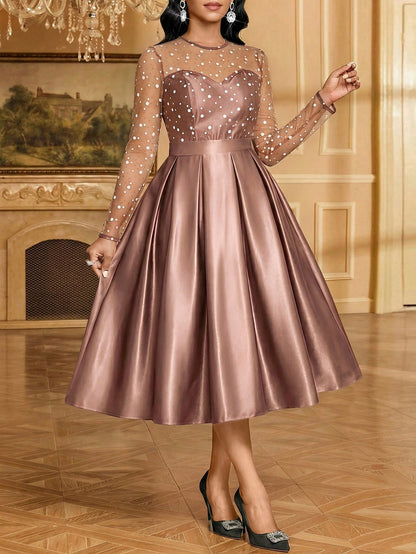 Fleurora Women's Elegant Mesh Patchwork Waist Midi Dress, Summer,Wedding Guest Dress Women