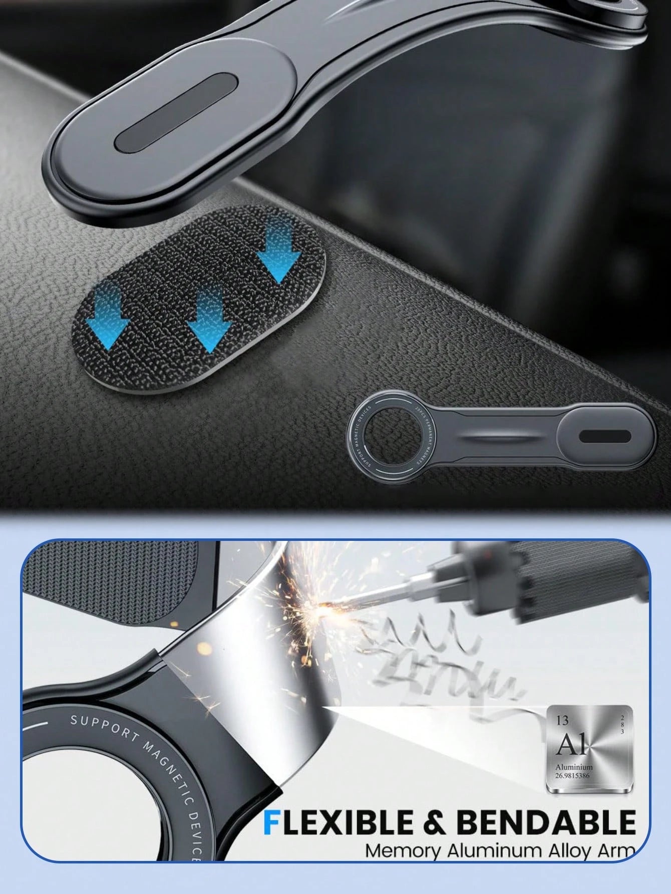 Flexible Magnetic Car Phone Holder – Adjustable Aluminum Alloy Arm With 360° Rotation, Shapeable Design For Custom Viewing Angles, Clamp-Free, Scratch & Shock Proof, Universal Compatible With IPhone&