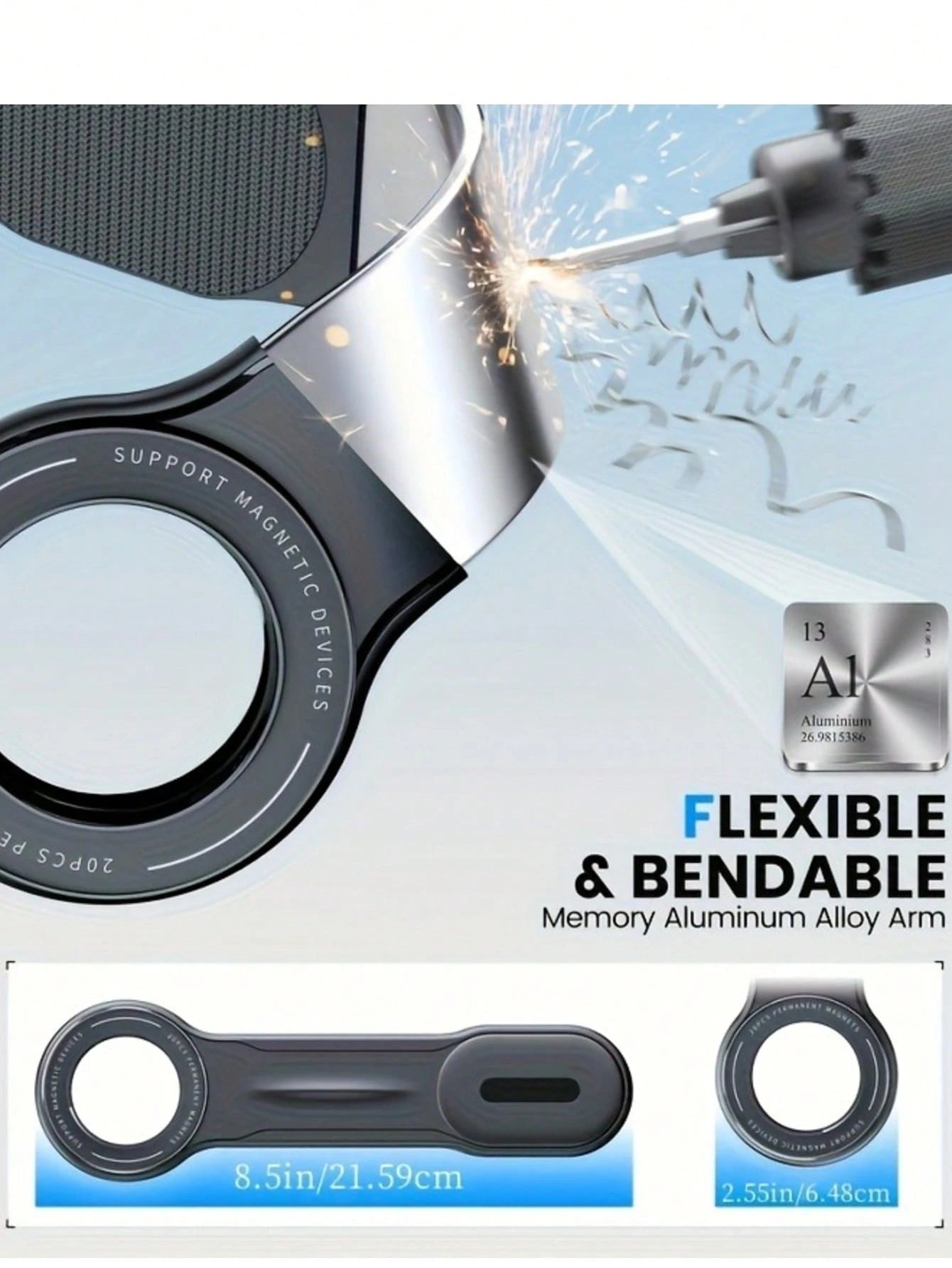 Flexible Magnetic Car Phone Holder- Adjustable Aluminum Arm, 360° Rotation, Moldable Design For Custom Viewing Angle, No Clip, Scratch & Shock Resistant, Universal Compatible With Iphone And All Smar