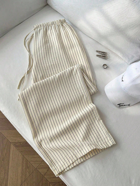 Flirla 1pc Women's Yellow Striped Casual Pants, Bubble Crinkle Fabric, Super Low Waist With Drawstring, Relaxed Fit Straight Leg Trousers, Casual & Romantic,Petite Women