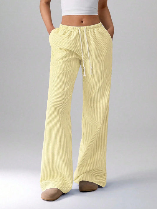 Flirla Pink Cotton Low-Waisted Drawstring Tie Straight Leg Pants, Fashionable Casual Home Wear For Women, Spring Season Fall Cloth For Women