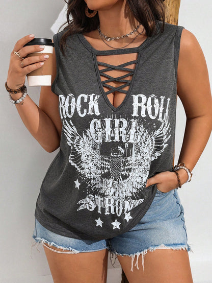 Flirla Plus Size Sleeveless Allover Print Cross Strap Casual Tank Top For Summer