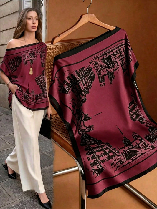 Flora Isola Flora Isola Spring/Summer New Elegant Casual Square Neck Batwing Sleeve Relaxed Fit Soft Texture Satin Sketch Style Architectural Print Design Blouse Burgundy