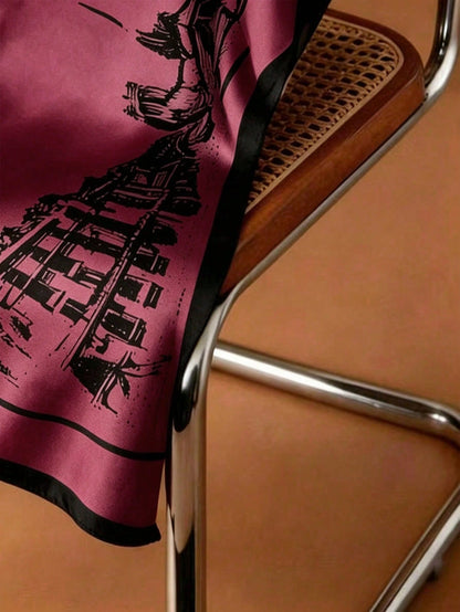 Flora Isola Flora Isola Spring/Summer New Elegant Casual Square Neck Batwing Sleeve Relaxed Fit Soft Texture Satin Sketch Style Architectural Print Design Blouse Burgundy