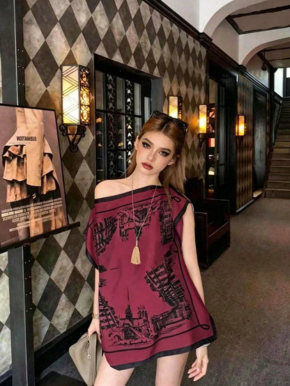 Flora Isola Flora Isola Spring/Summer New Elegant Casual Square Neck Batwing Sleeve Relaxed Fit Soft Texture Satin Sketch Style Architectural Print Design Blouse Burgundy