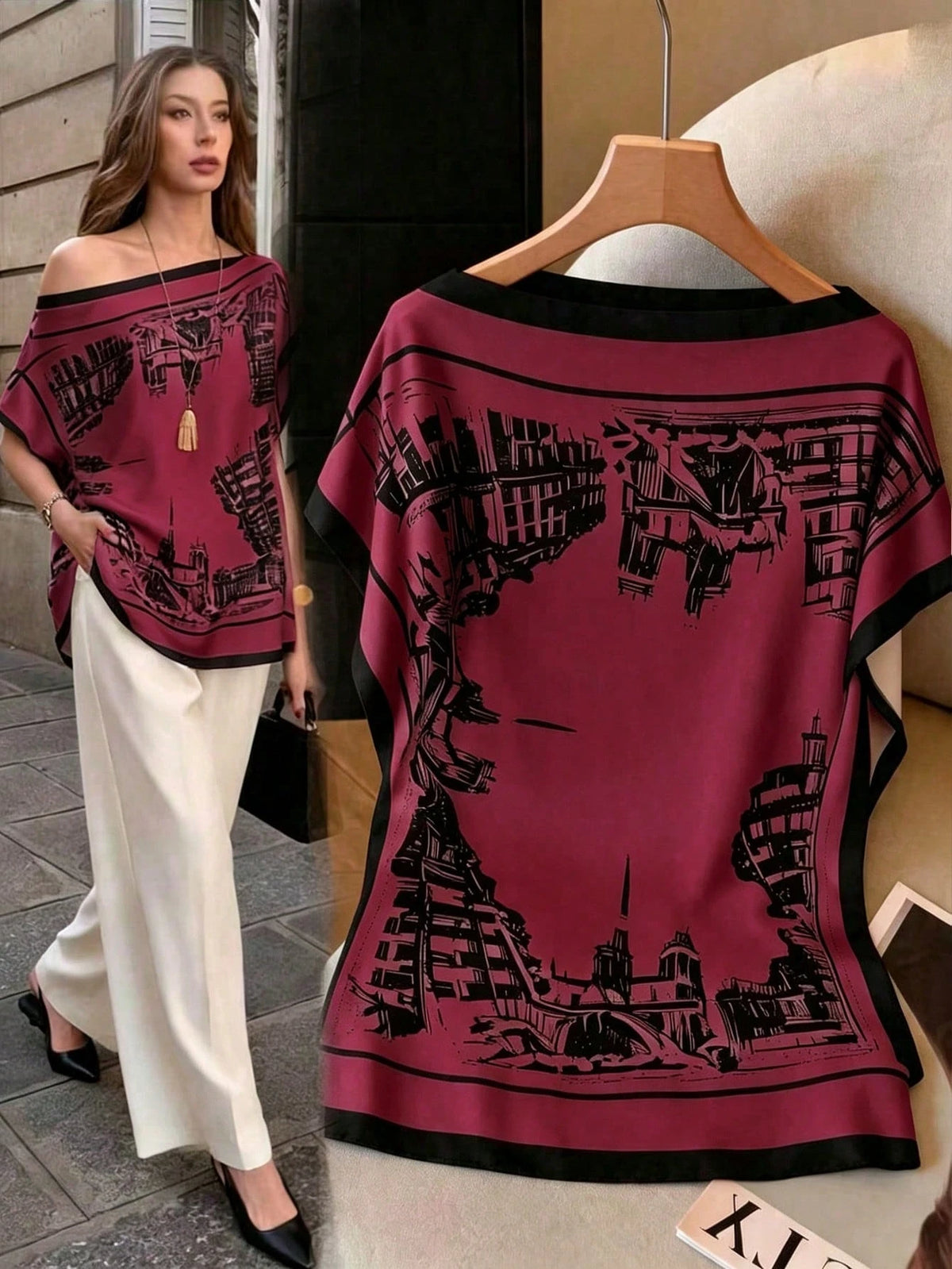 Flora Isola Flora Isola Spring/Summer New Elegant Casual Square Neck Batwing Sleeve Relaxed Fit Soft Texture Satin Sketch Style Architectural Print Design Blouse Burgundy