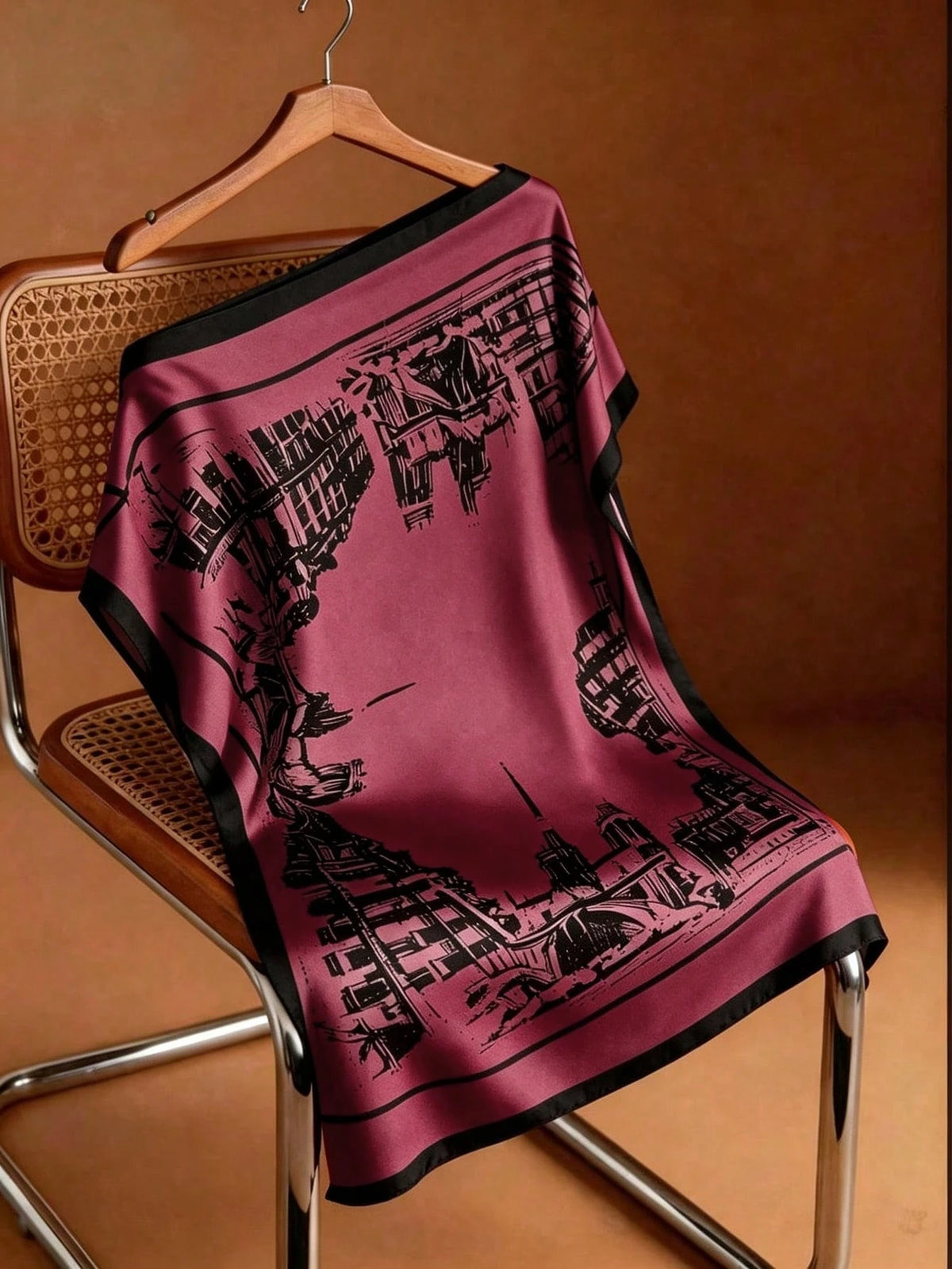 Flora Isola Flora Isola Spring/Summer New Elegant Casual Square Neck Batwing Sleeve Relaxed Fit Soft Texture Satin Sketch Style Architectural Print Design Blouse Burgundy