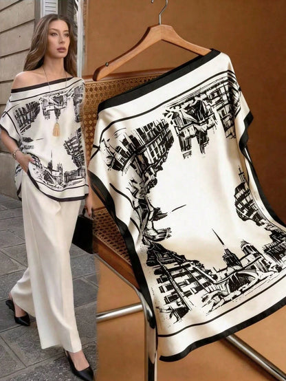 Flora Isola Flora Isola Spring/Summer New Elegant Casual Square Neck Batwing Sleeve Relaxed Fit Soft Texture Satin Sketch Style Architectural Print Design Blouse Burgundy